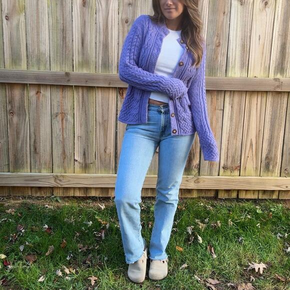 Vintage Periwinkle Cable-Knit Cardigan (Talbots, Made in USA) Purple Lavender - Picture 2 of 9